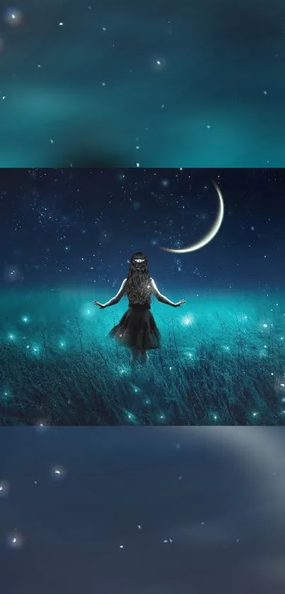 Fantasy night scene with glowing moon and stars.