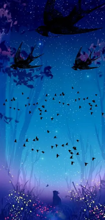 Enchanted night sky wallpaper with birds and stars.