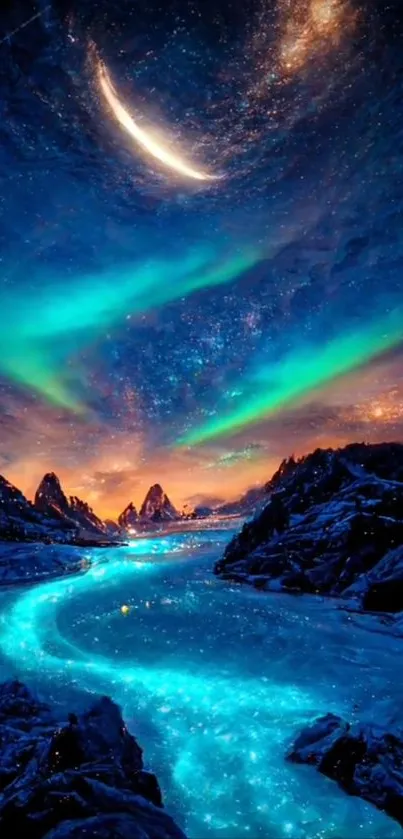 Stunning night sky with vibrant aurora and glowing stream, perfect for wallpaper.