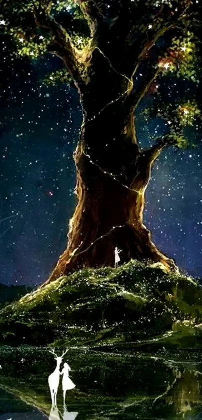 Magical tree under a starry night sky.