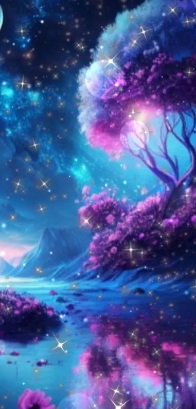 Enchanting night view with starry sky, purple trees, and peaceful water reflection.