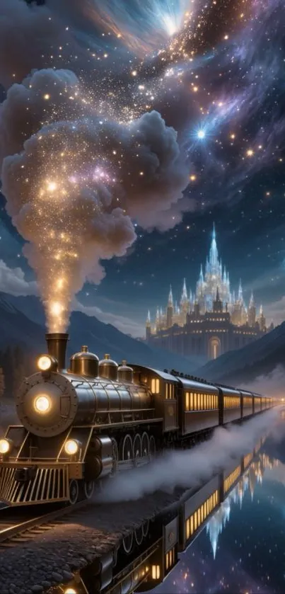 Magical train under starry sky with castle reflection.