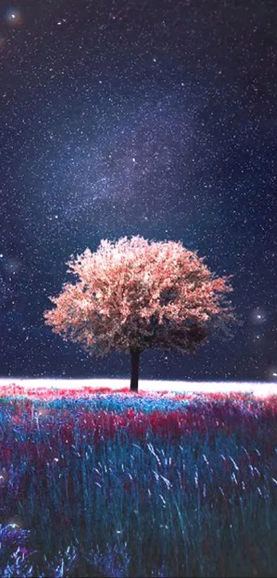 Lone tree under a vibrant starlit sky, surrounded by a colorful field.