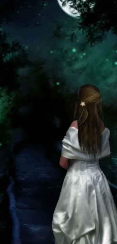 Enchanting moonlit forest walk with a mysterious figure.