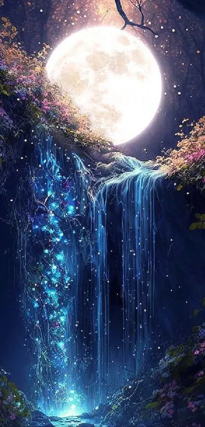 Enchanted night scene with waterfall and glowing full moon in a forest.