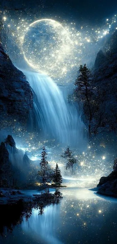 Enchanted waterfall under a starry night sky, perfect for mobile wallpaper.