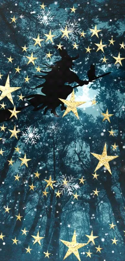 Silhouette of a witch flying among stars in a dark, enchanted forest night scene.