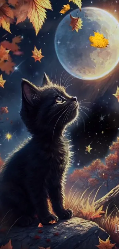 Mystical black cat gazing at autumn moon among falling leaves.