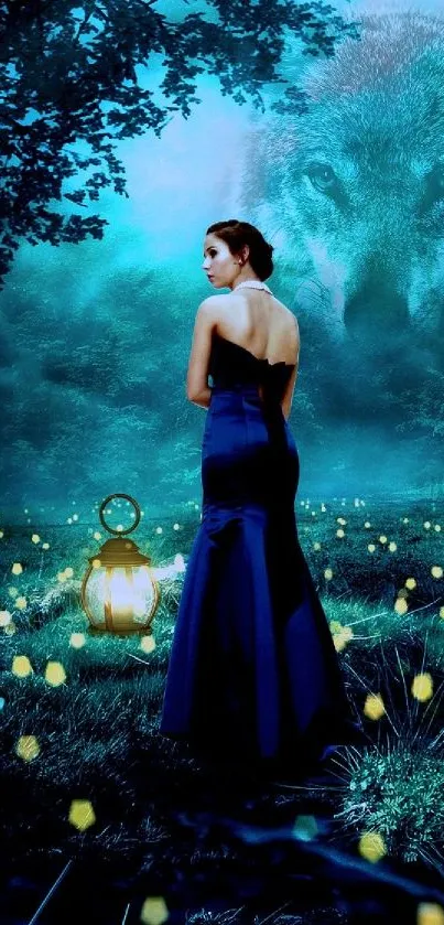 Woman in blue gown amidst fireflies in a mystical forest, with a wolf in the sky.