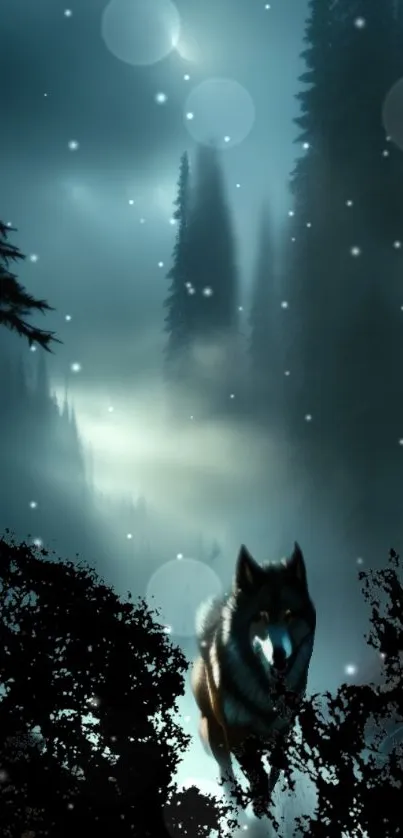 Mystical forest night scene with a lone wolf and moonlight.