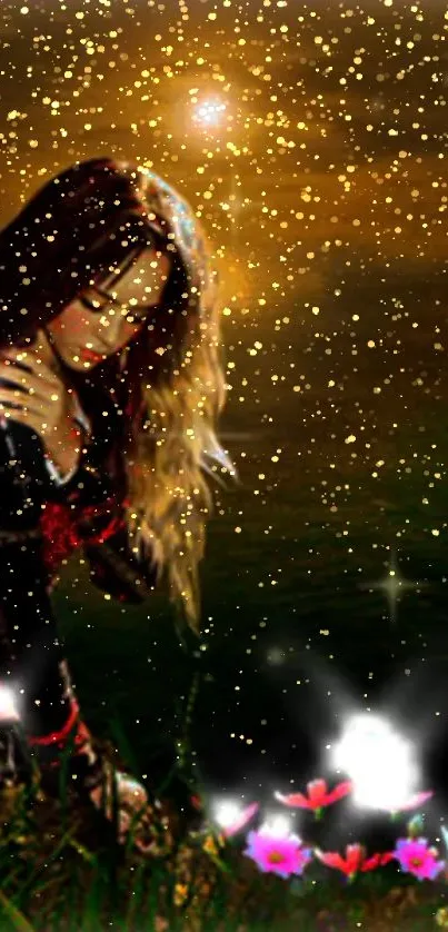 Enchanting girl under a starry golden sky, surrounded by magic.