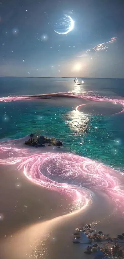 Moonlit ocean wallpaper with glowing pink swirls.