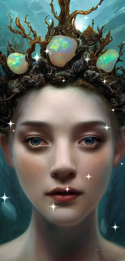 Mystical ocean queen with jeweled crown in an enchanting underwater scene.