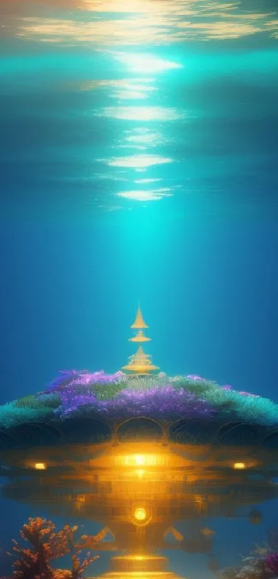 Mobile wallpaper of an underwater glowing temple with vibrant coral and blue ocean.