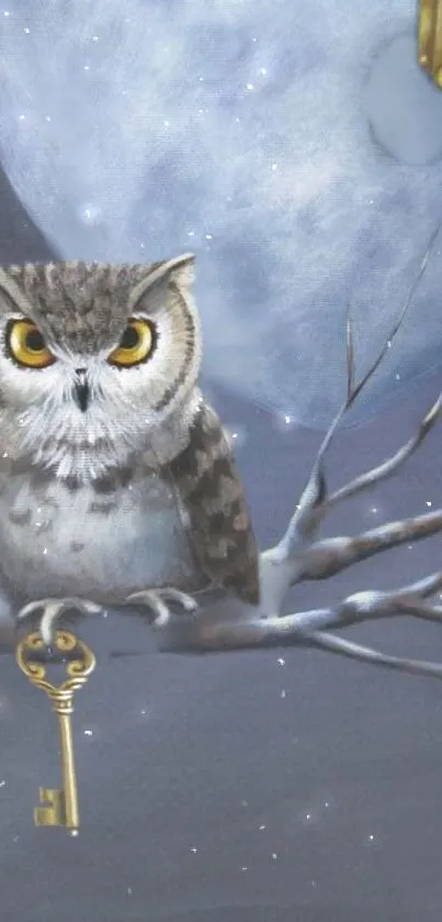 Owl with key on branch under full moon.