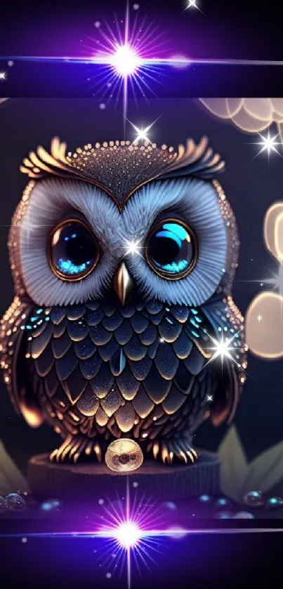 Enchanted blue-eyed owl with mystical background.