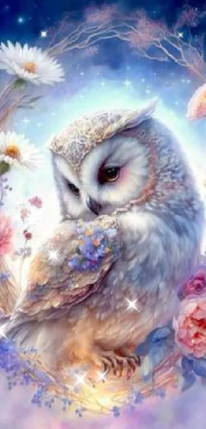 Enchanting owl surrounded by flowers in a fantasy-themed wallpaper.