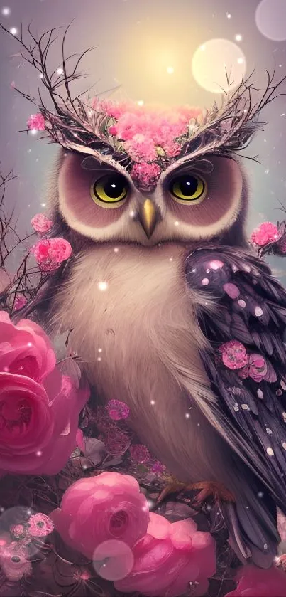 Enchanting owl with pink flowers in a mystical setting wallpaper.