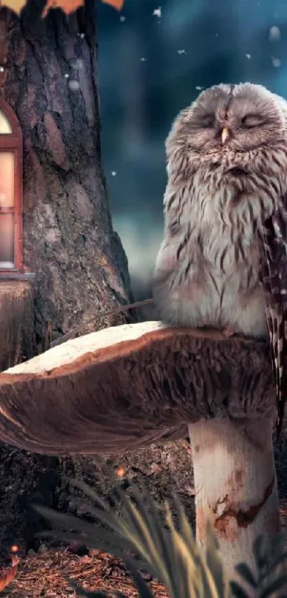 A serene owl rests on a mushroom in an enchanted forest setting.