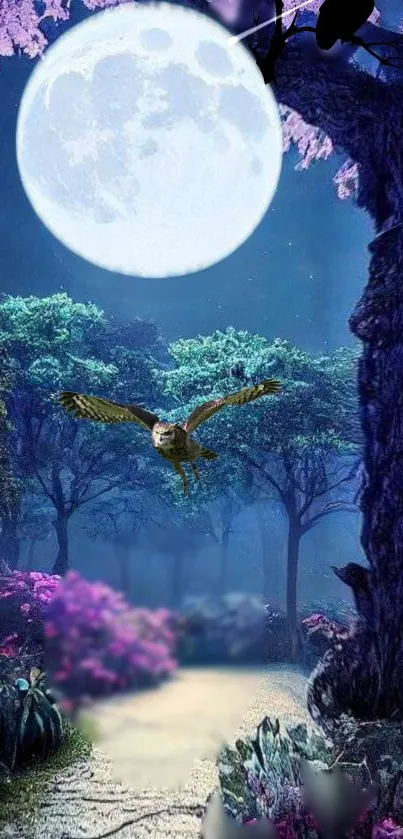 Owl flying under a bright full moon in an enchanted forest setting.