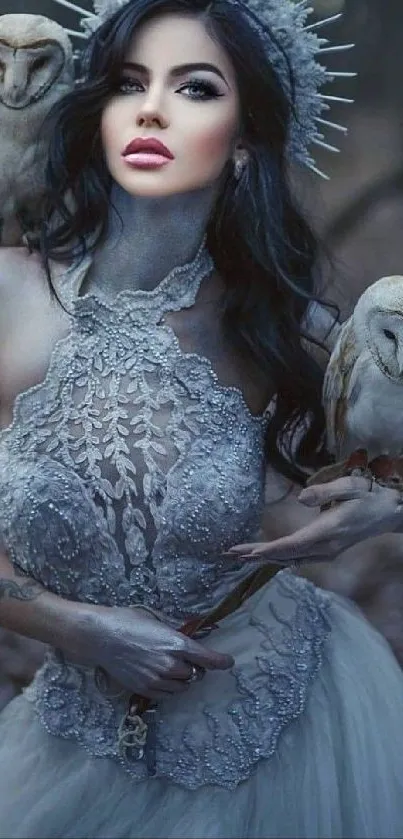 Mystical woman with owls in a forest.