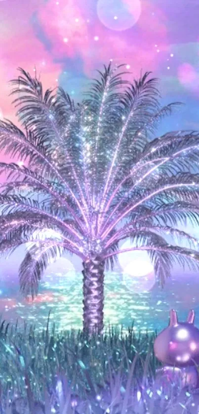 Shimmering palm tree under a pastel sky with ethereal colors.