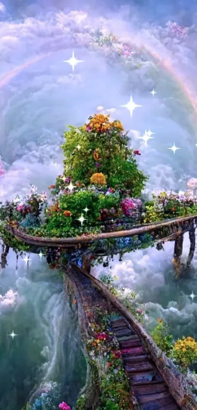 Mystical path among clouds with vibrant flowers and greenery.