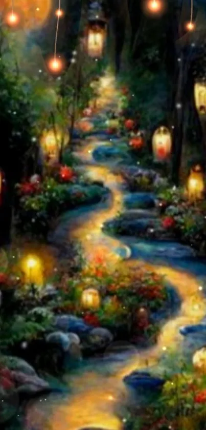 Enchanted forest path with glowing lamps.