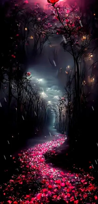 Enchanting path with pink blossoms in a dark, mystical forest setting.