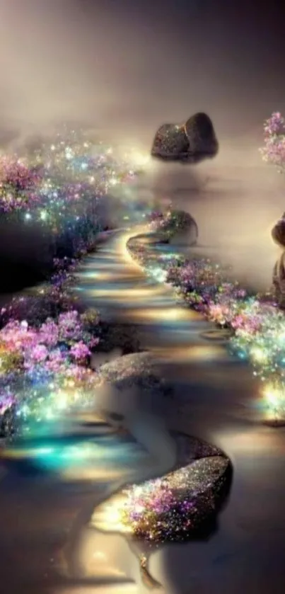 Magical pathway with glowing flowers in a misty fantasy landscape.