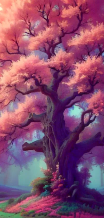 An enchanted pink blossom tree in a dreamy landscape for mobile wallpaper.