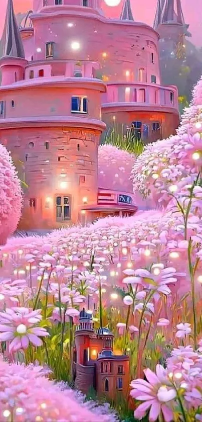 Magical pink castle surrounded by blooming flowers.