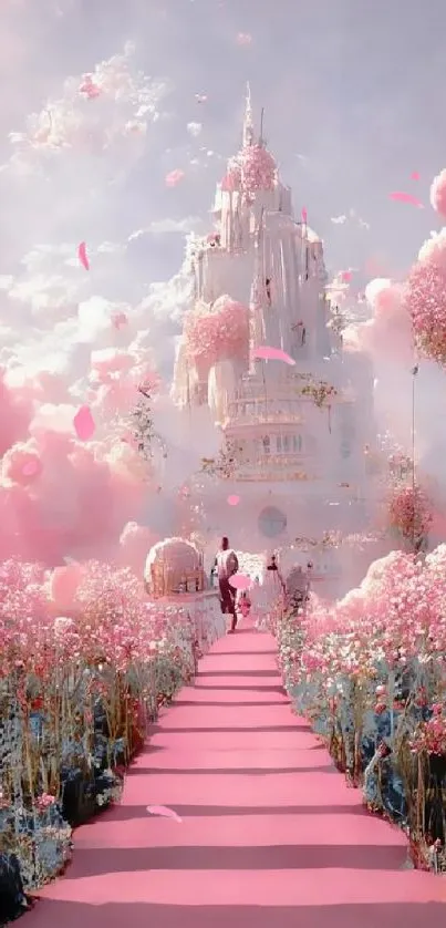 Dreamy pink castle surrounded by clouds.