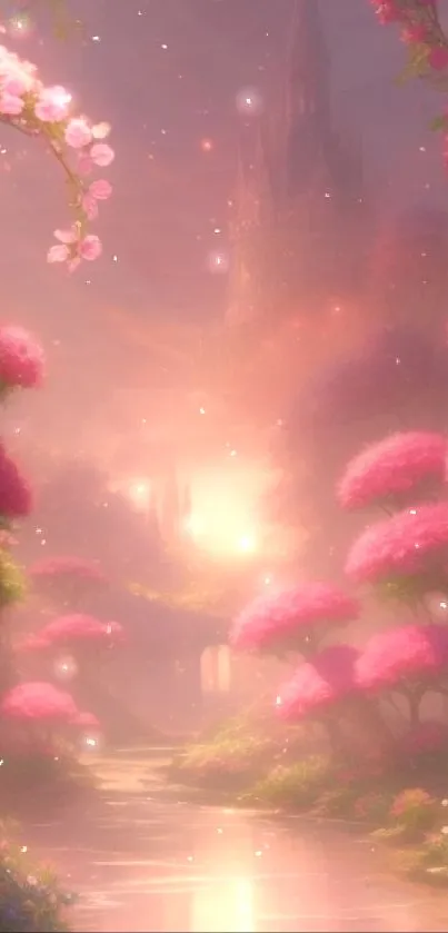 Magical pink castle amid blossoms with a misty, enchanting landscape.