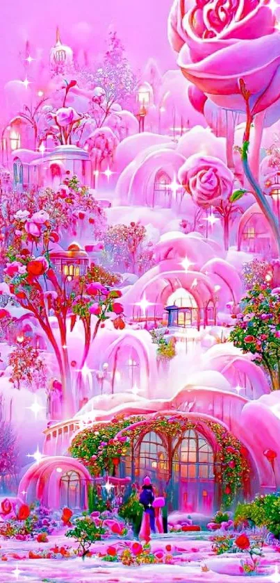 Enchanting pink fantasy landscape with floral domes and magical ambiance.