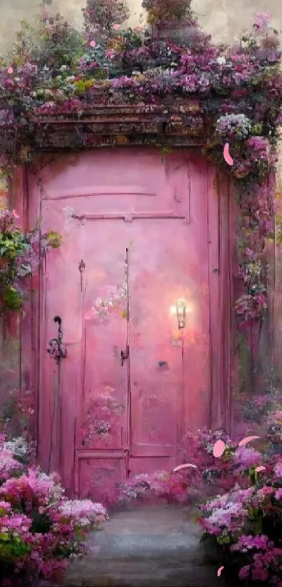 Whimsical pink doorway adorned with vibrant flowers.