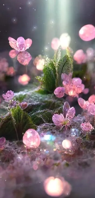 Fantasy pink flower garden wallpaper glowing with an ethereal light.