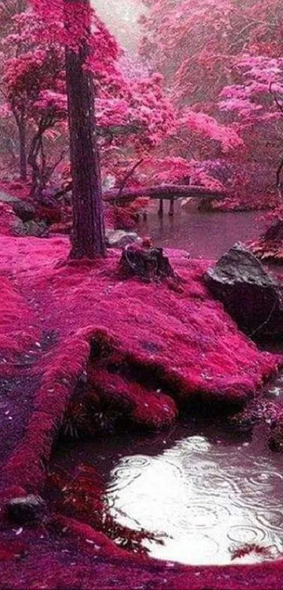 Enchanting pink forest path with serene natural beauty.