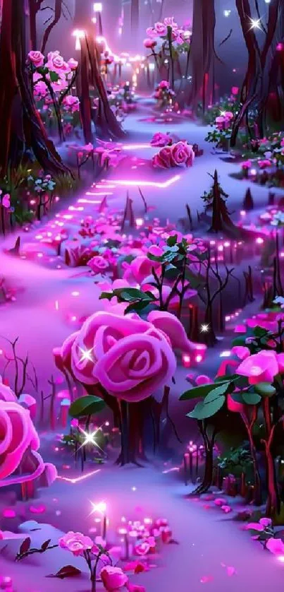 Whimsical pink forest pathway with glowing flowers.