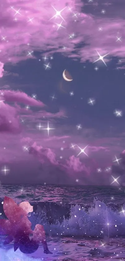 Moonlit sky with pink clouds and stars, magical atmosphere.