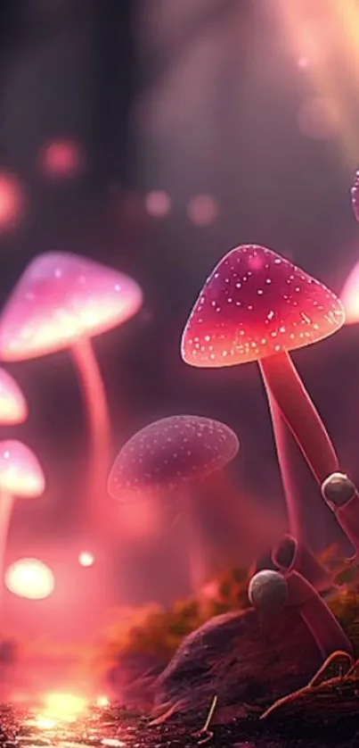 Magical pink mushrooms glowing in an enchanted forest scene.