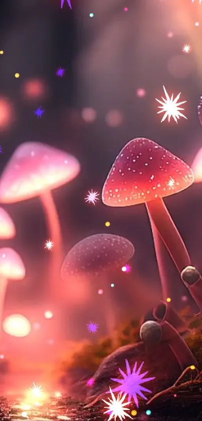 Glowing pink mushrooms in an enchanted forest setting on a mobile wallpaper.