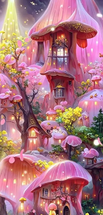 Pink mushroom houses in a magical forest setting.