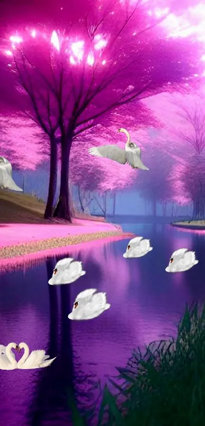 Swans glide on a pink, serene river surrounded by enchanting purple trees.