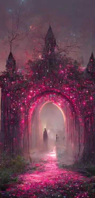 Enchanted portal in a magical forest, glowing pink and mystical.