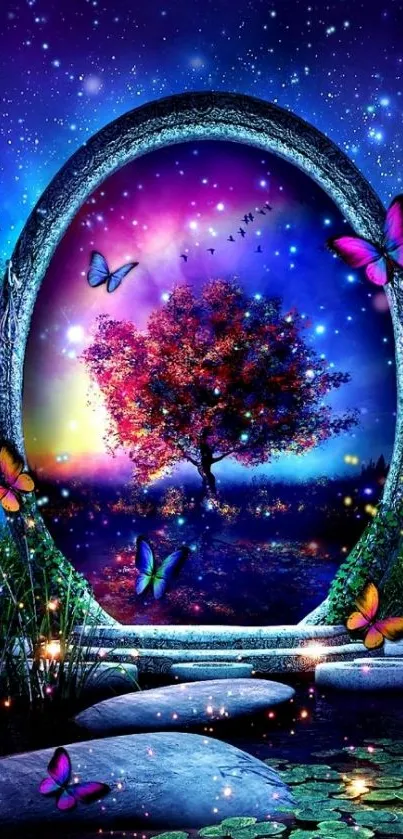 Magical portal with a cosmic tree and vibrant butterflies in a surreal landscape.