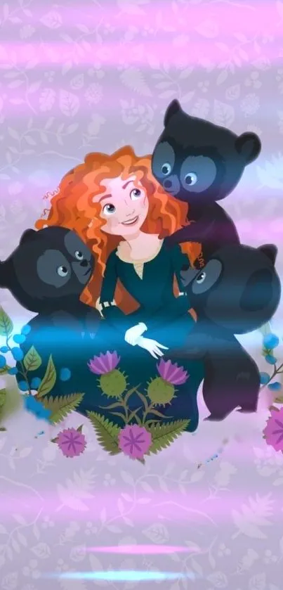 Princess with bear cubs in a magical forest scene.