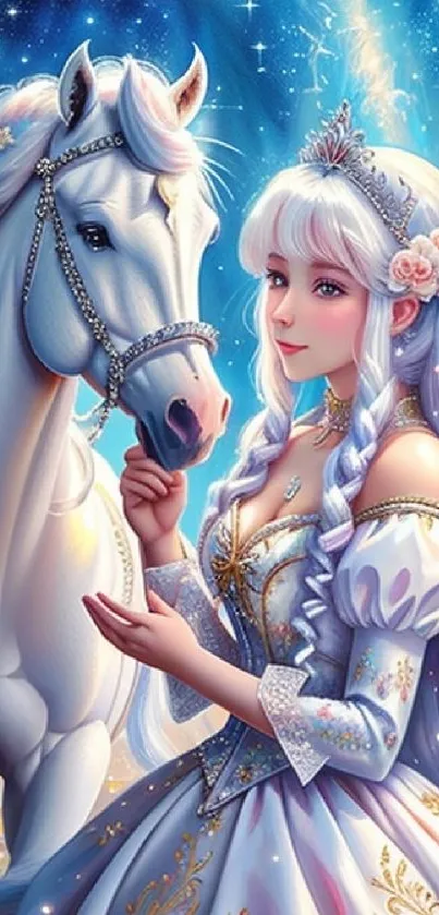 Enchanted princess stands with her horse under a starry sky.