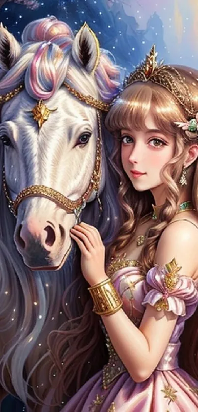 Enchanting princess with a white horse in a fairytale setting, pink tones dominate.