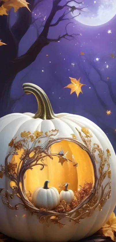 Enchanted pumpkin in moonlit forest night.